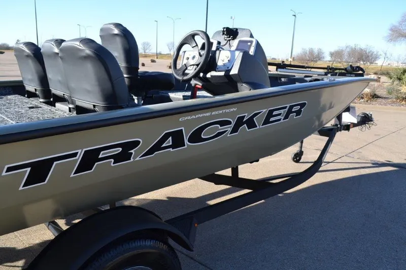Slide: The Image of 2026 Tracker Pro Team 175 Crappie Edition boat on trailer, side view. - 4