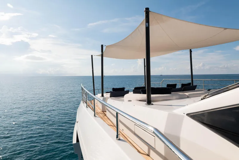 Slide: The Image of Luxurious 2023 Azimut yacht deck with sunshade, overlooking serene ocean waters. - 32