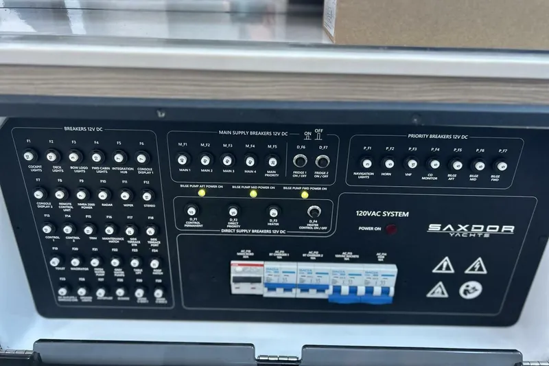 Slide: The Image of Control panel of a 2022 Saxdor 320 GTO yacht, featuring various breakers and switches. - 11