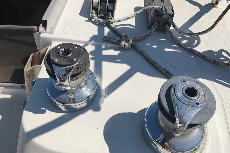 Slide: The Image of Winches and ropes on 1987 Hunter 37 Legend sailboat deck. - 11