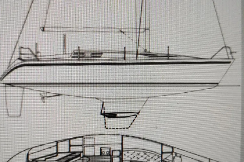 Slide: The Image of Line drawing of 1987 Hunter 37 Legend sailboat, showcasing exterior and interior layout. - 52