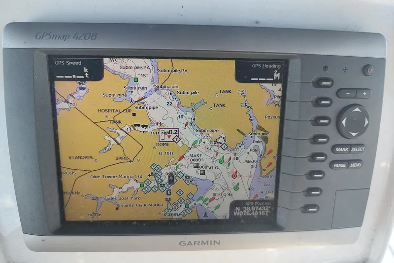 Slide: The Image of Garmin GPSmap 4208 displaying nautical chart on Hunter 37 Legend, 1987 model. - 15