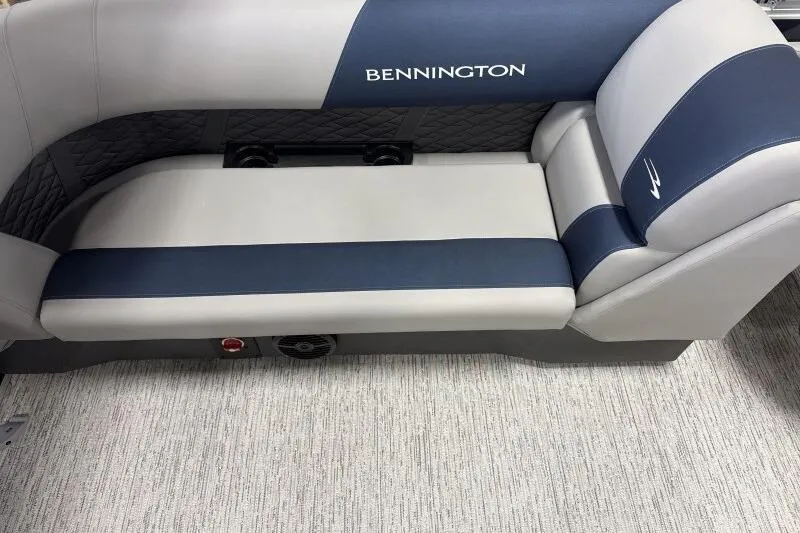 Slide: The Image of 2026 Bennington 22 SSRSE boat seating with blue and gray upholstery. - 20