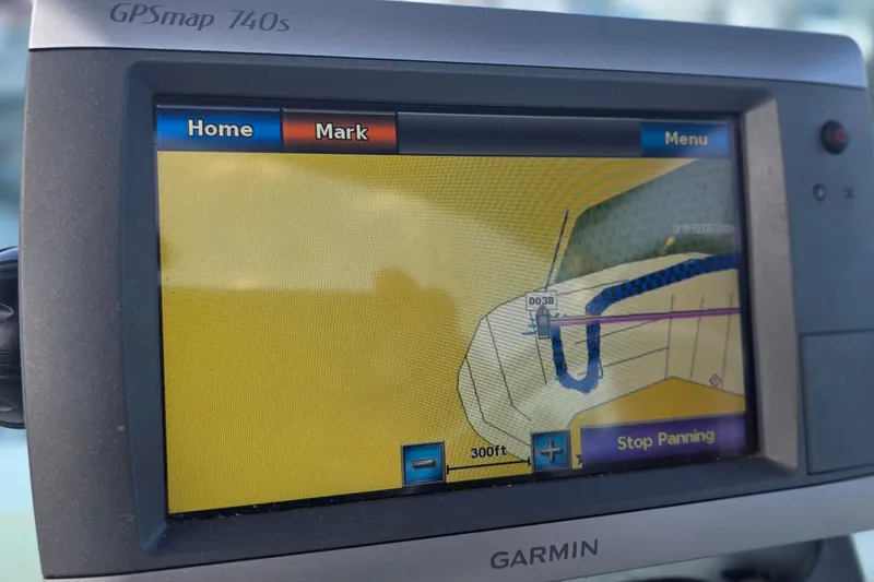 Slide: The Image of Garmin GPSmap 740s displaying navigation route on Bertram 28 Flybridge Cruiser, 1983 model. - 9