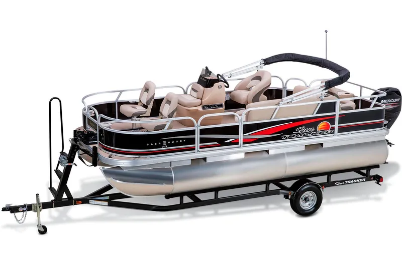 The Image of 2014 Sun Tracker Bass Buggy 18 DLX pontoon boat on trailer, red and silver design. - 0