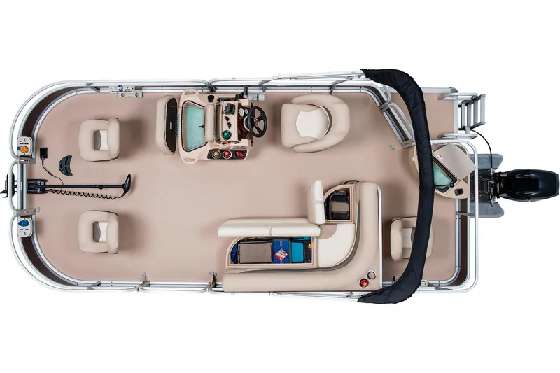 Slide: The Image of 2014 Sun Tracker Bass Buggy 18 DLX pontoon boat with red exterior on trailer. - 2