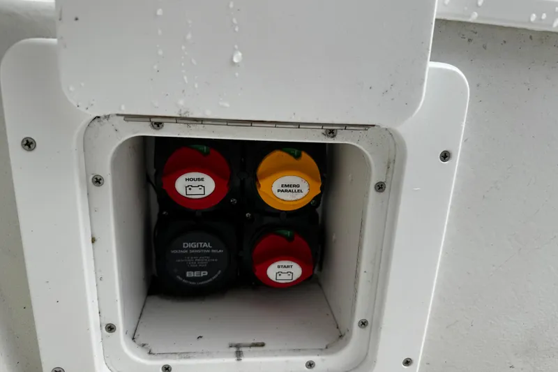 Slide: The Image of Battery switches on a 2021 Parker 2100 Center Console boat. - 37