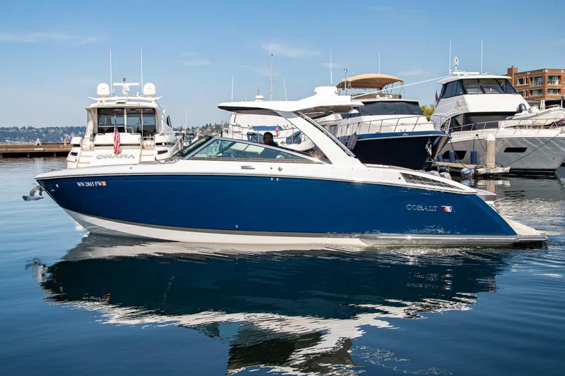 The Image of 2023 Cobalt R33 boat docked in marina, blue and white design, calm water reflection. - 1
