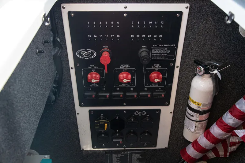 Slide: The Image of Control panel of a 2023 Cobalt R33 boat with battery switches and fire extinguisher. - 54