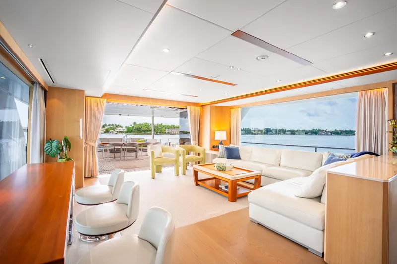 Slide: The Image of Luxurious interior of 2020 Horizon FD80 yacht with elegant seating and panoramic views. - 105
