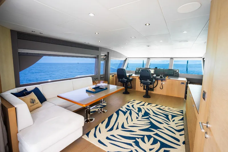 Slide: The Image of Luxurious Horizon FD80 yacht interior with ocean view, modern helm, and elegant seating area. - 112
