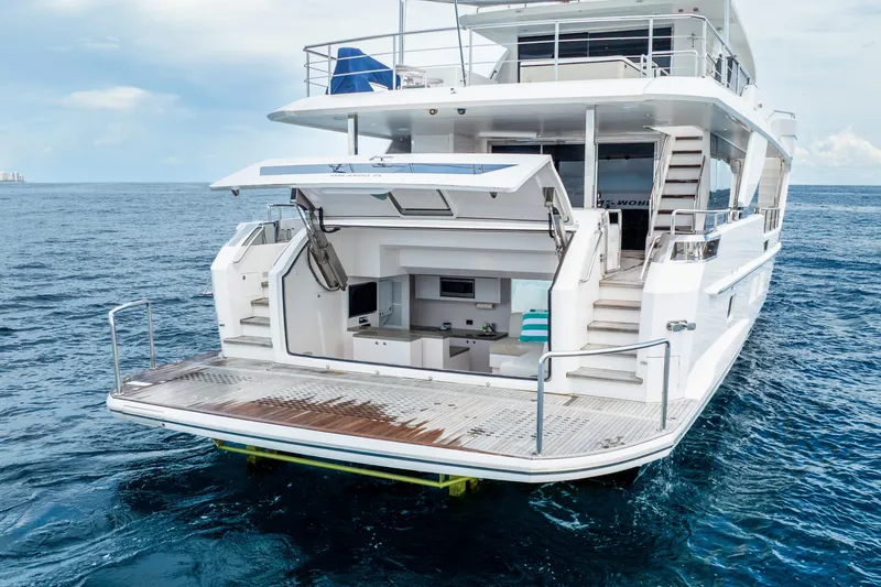 Slide: The Image of Luxury Horizon FD80 yacht, 2020 model, featuring spacious deck and modern amenities on open sea. - 12