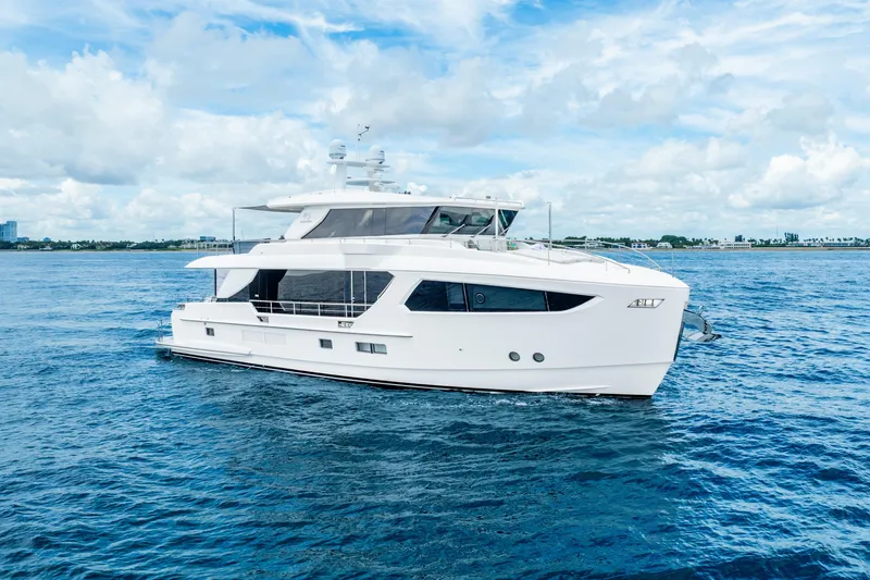 Slide: The Image of Luxury Horizon FD80 yacht cruising on open sea, 2020 model. - 2