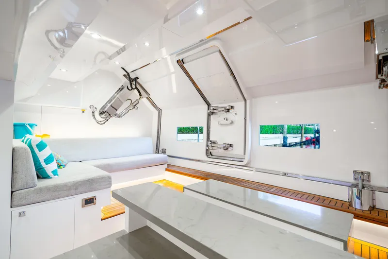Slide: The Image of Luxurious interior of 2020 Horizon FD80 yacht with modern seating and sleek design. - 84