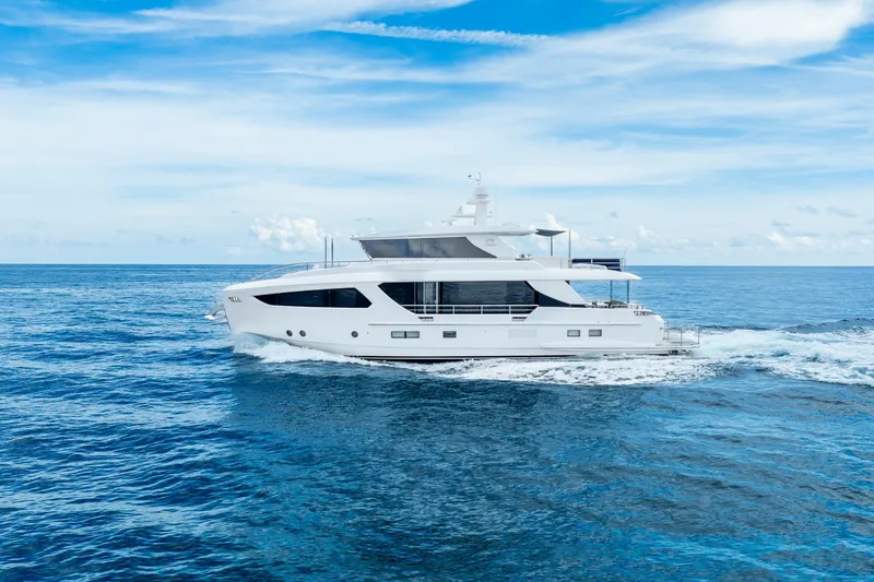 Slide: The Image of Luxurious 2020 Horizon FD80 yacht cruising on open ocean under clear blue sky. - 9