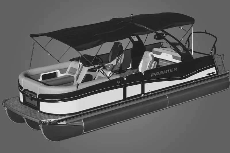 Slide: The Image of 2026 Premier 270 Super Sport pontoon boat with canopy and luxurious seating. - 8