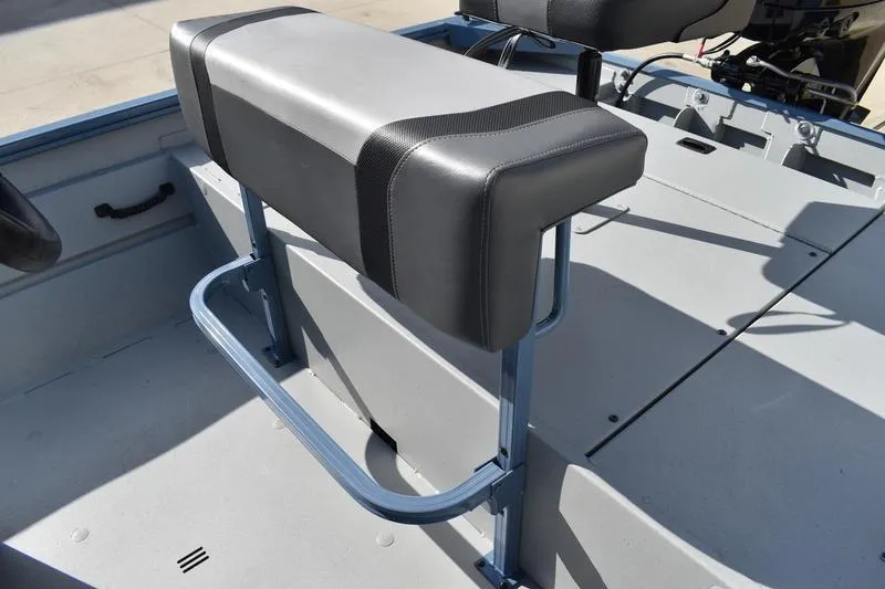 Slide: The Image of 2025 Lowe Roughneck RX1860 CC boat seat with gray upholstery and sturdy metal frame. - 25