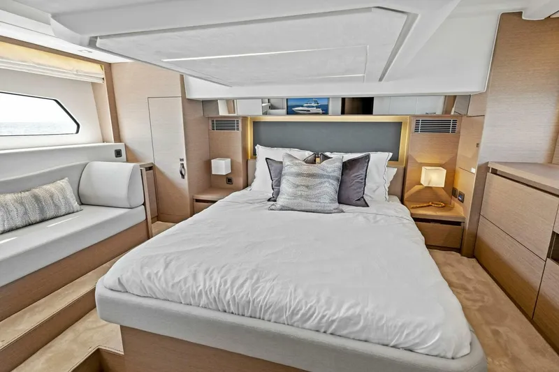 Slide: The Image of Luxurious bedroom interior of 2023 Prestige 460 Flybridge yacht with modern design. - 20