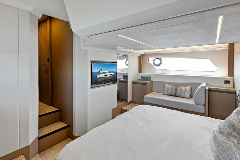 Slide: The Image of Luxurious interior of 2023 Prestige 460 Flybridge yacht cabin with modern design. - 26
