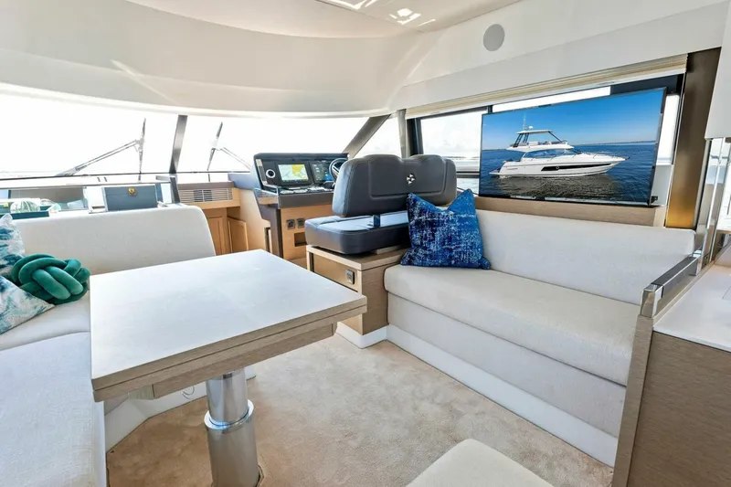 Slide: The Image of Luxurious interior of 2023 Prestige 460 Flybridge yacht with modern seating and navigation area. - 6