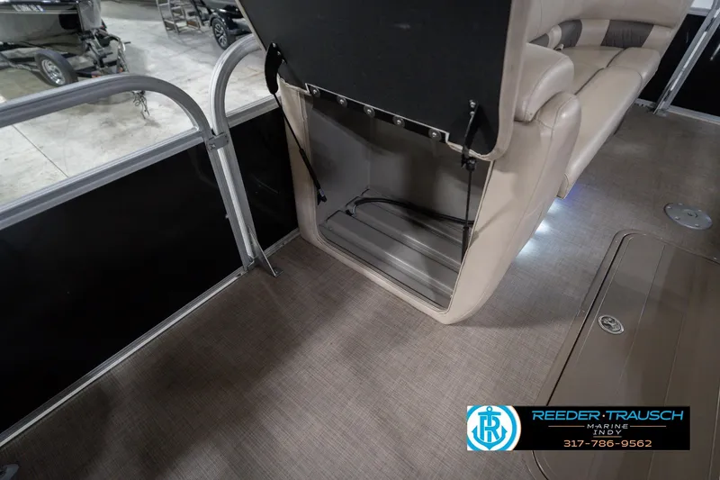 Slide: The Image of 2020 Sun Tracker Party Barge 24 DLX interior seating and flooring detail. - 29