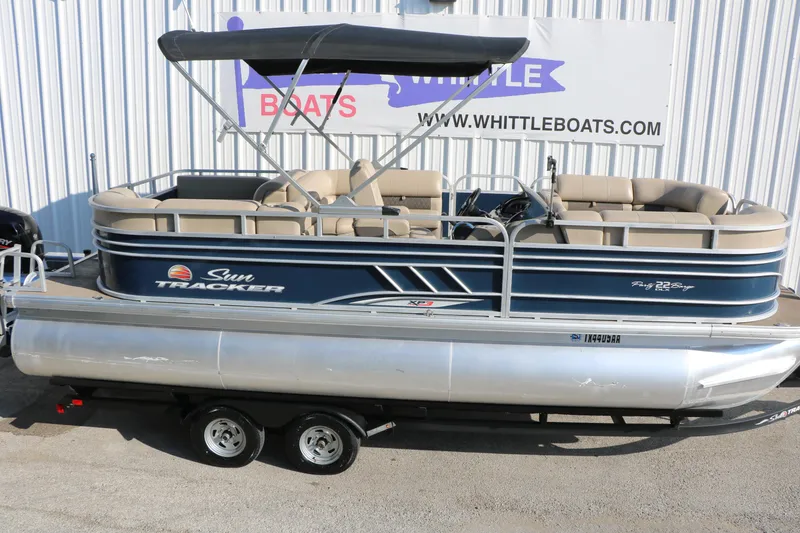 Slide: The Image of 2022 Sun Tracker Party Barge 22 RF XP3 pontoon boat with canopy, displayed at Whittle Boats. - 3