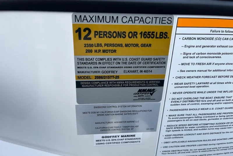Slide: The Image of 2026 Godfrey Sweetwater 2086 SB capacity label: 12 persons, 1655 lbs, 200 HP motor. - 20