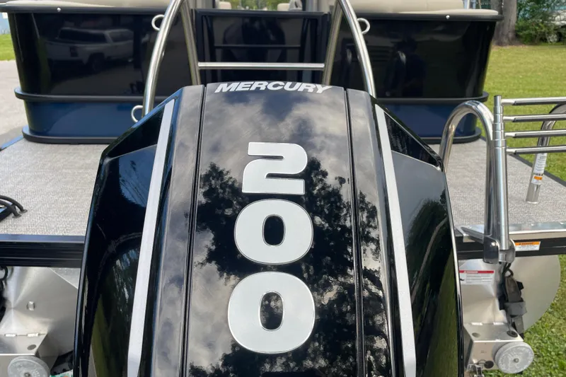 Slide: The Image of Mercury 200 engine on 2022 Barletta Cabrio 22QC pontoon boat, rear view. - 12