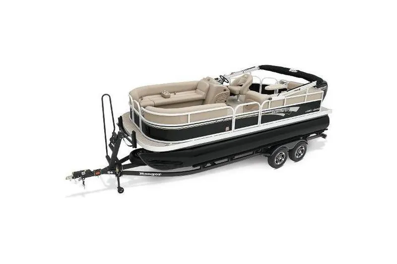Slide: The Image of 2025 Ranger 220C pontoon boat on trailer, featuring beige seating and sleek design. - 5