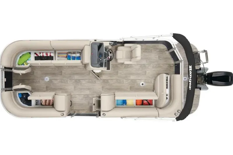 Slide: The Image of 2025 Ranger 220C pontoon boat interior layout with seating and storage compartments. - 9