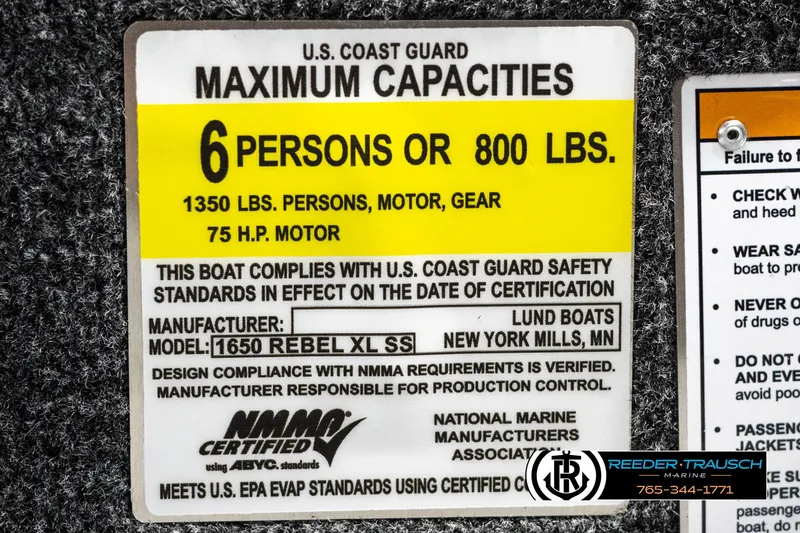Slide: The Image of 2025 Lund Rebel XL SS capacity label, 6 persons or 1350 lbs, 75 HP motor. - 43