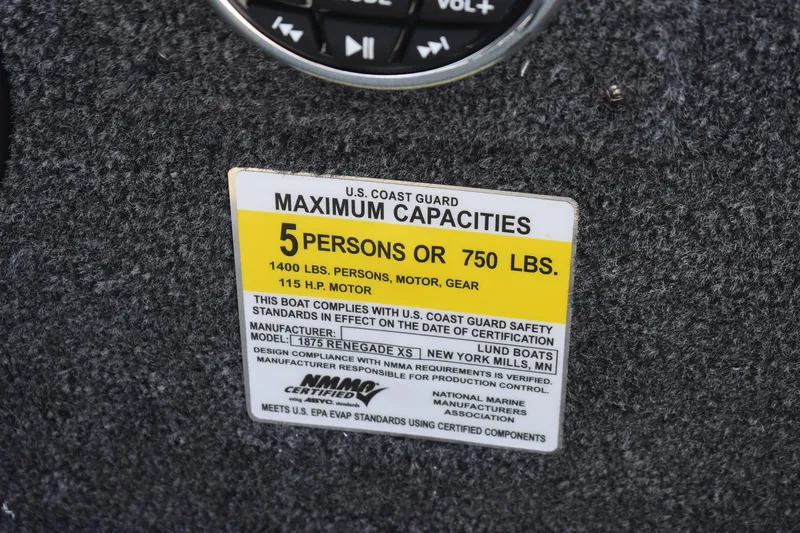 Slide: The Image of Capacity label on 2026 Lund 1875 Renegade boat, 5 persons or 750 lbs. - 15