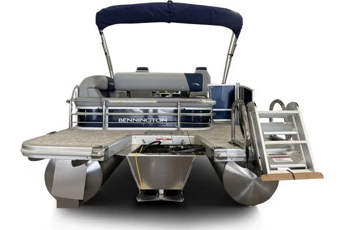 Slide: The Image of 2026 Bennington 23 SSBSF pontoon boat, rear view with ladder and seating. - 6
