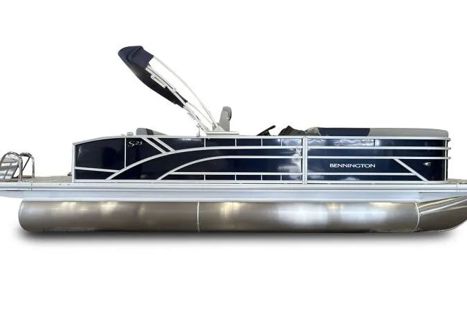 Slide: The Image of 2026 Bennington 23 SSBSF pontoon boat, sleek design, navy and silver color scheme. - 8