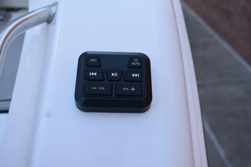 Slide: The Image of Audio control panel on 2025 Sea Pro 245 Sandbar boat, featuring volume and playback buttons. - 21