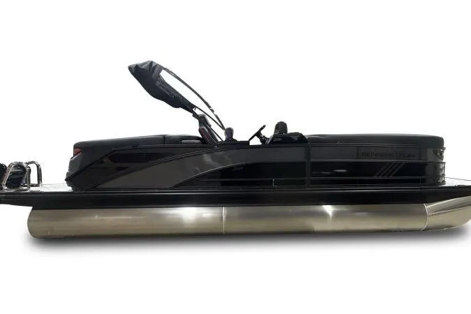 Slide: The Image of 2026 Bennington 24 MFBSF pontoon boat, sleek black design, side view. - 11