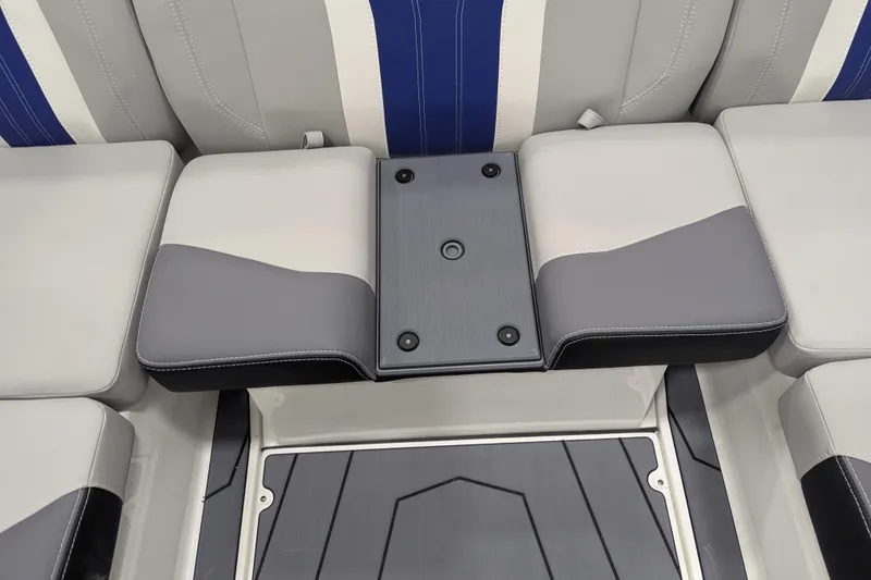 Slide: The Image of 2026 Malibu Wakesetter 22 LSV interior seating with gray and blue upholstery. - 20