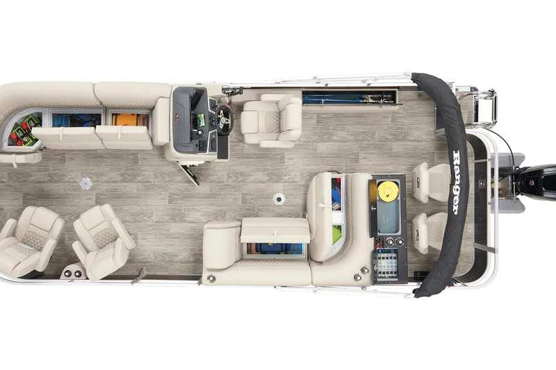 Slide: The Image of Top view of 2025 Ranger 220FC boat interior layout with seating and storage. - 2