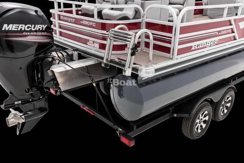 Slide: The Image of 2025 Ranger 220FC pontoon boat with Mercury FourStroke engine on trailer. - 4