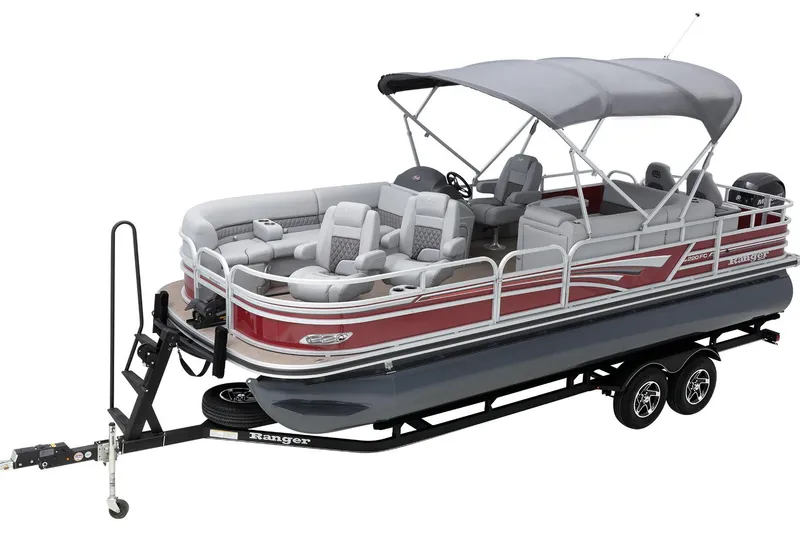 Slide: The Image of 2025 Ranger 220FC pontoon boat on trailer, featuring spacious seating and canopy. - 5