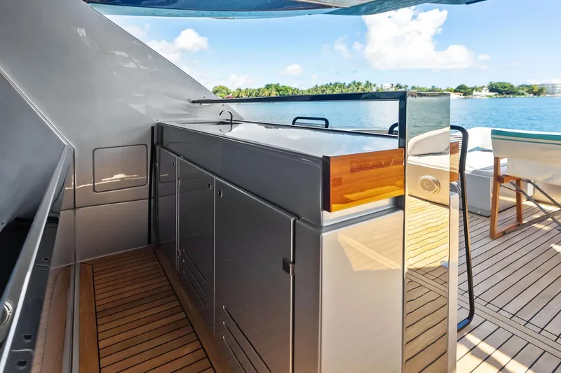 Slide: The Image of Luxurious 2023 Riva 76 PERSEO Super yacht deck with sleek cabinetry and ocean view. - 39