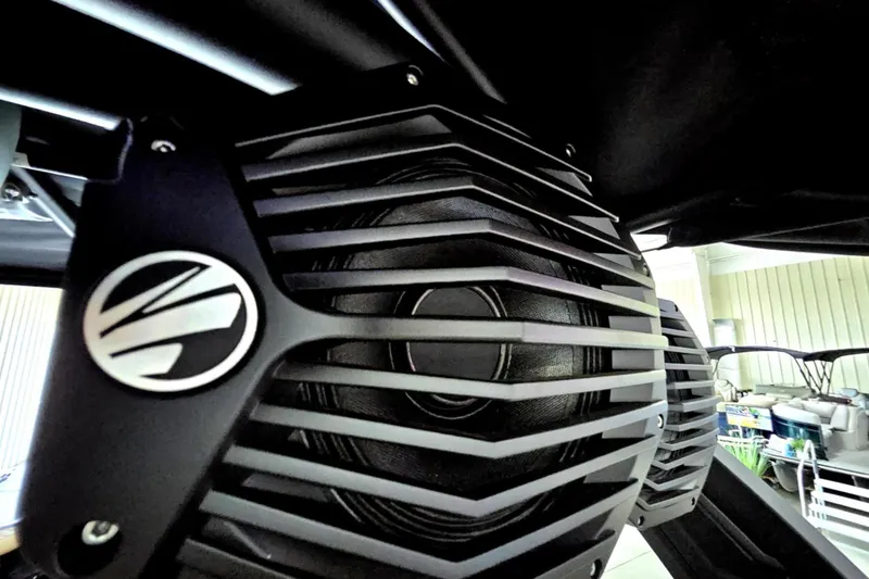 Slide: The Image of Close-up of 2025 Tigé 22RZX boat speaker with sleek grille design. - 23