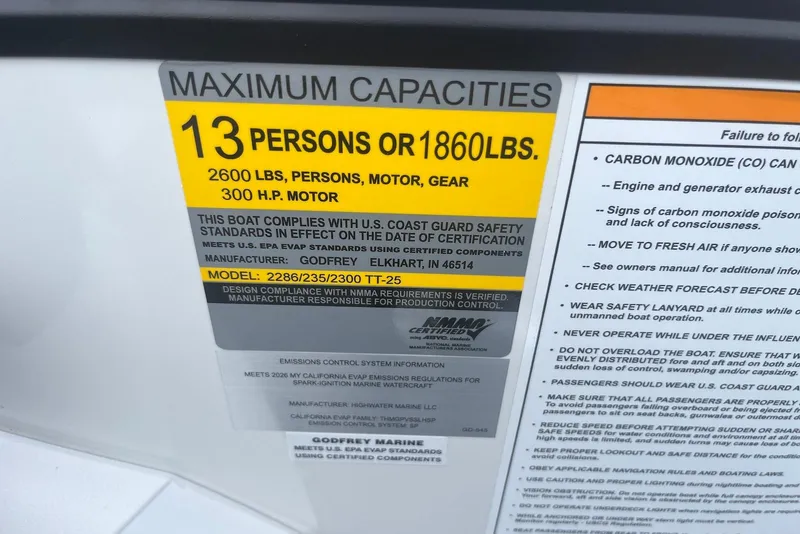 Slide: The Image of Capacity label for 2026 Godfrey SWEETWATER 2286 SFL, max 13 persons or 1860 lbs. - 30