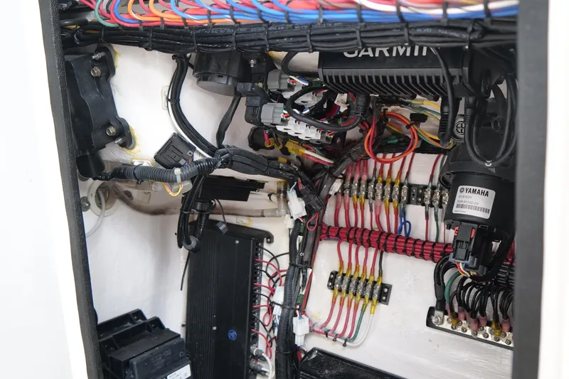 Slide: The Image of 2024 Contender 35 ST boat wiring and electronics, featuring Garmin and Yamaha components. - 43