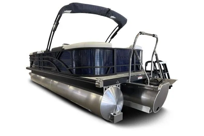 Slide: The Image of 2026 Bennington 22 SSRSE pontoon boat, rear view with sleek design and modern features. - 3