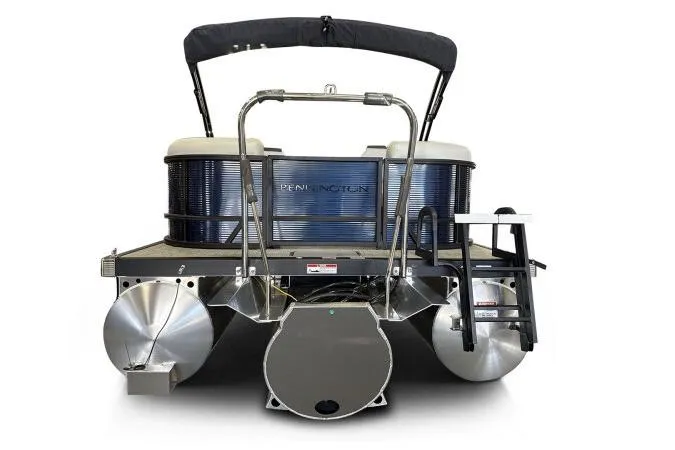 Slide: The Image of 2026 Bennington 22 SSRSE pontoon boat, sleek design, side view, blue and silver finish. - 4