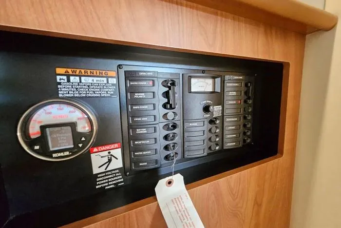 Slide: The Image of Control panel of a 2008 Bayliner 320 boat, featuring various switches and gauges. - 17