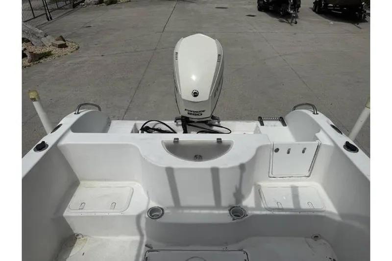 Slide: The Image of 2008 Sea Chaser 2400 CC boat with Evinrude 250 engine, rear deck view. - 10