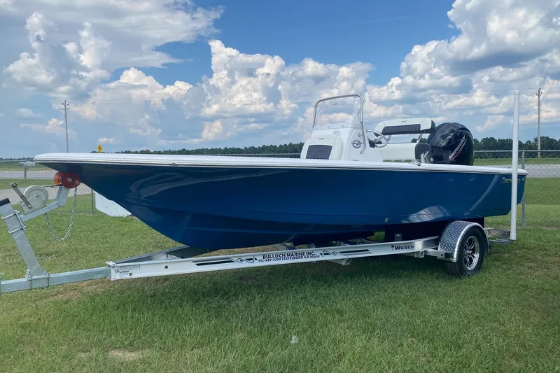 The Image of 2024 Tidewater 1910 Bay Max boat on trailer under cloudy sky. - 0