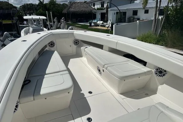 Slide: The Image of 2024 SeaVee 340Z boat interior with spacious seating and modern design. - 4